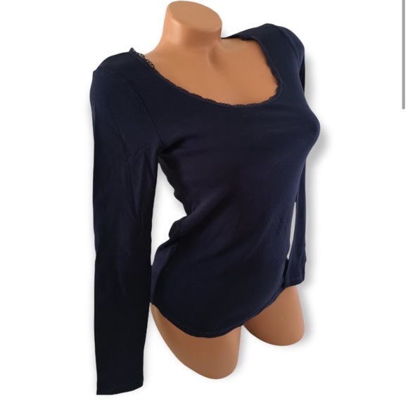 H&M Scoop Neck Long Sleeve Cotton Shirt dark blue M - Picture 2 of 4